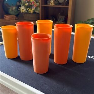 Tupperware Orange and Yellow Retro Plastic Tumblers - Set of 6